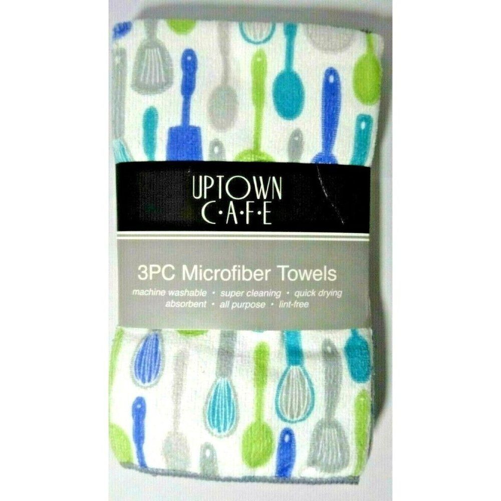 Uptown Cafe Cooking Utensils Kitchen Towels Microfiber Blue Green Gray 3-Pc NIP